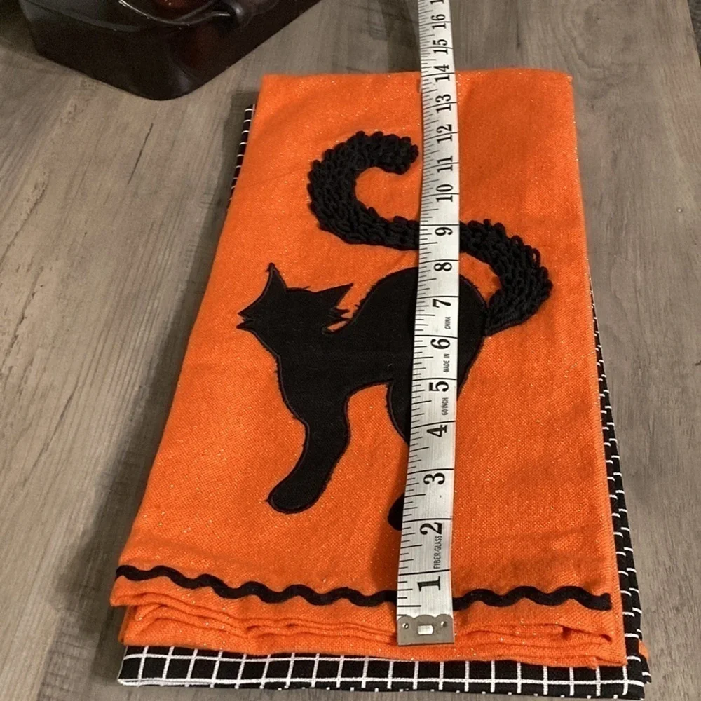 MAX STUDIO BLACK CAT ORANGE AND BLACK CHECK HALLOWEEN KITCHEN TOWELS
